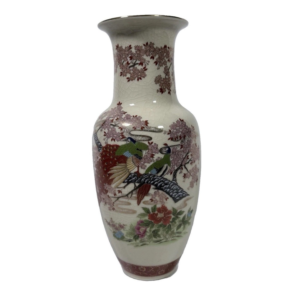 VTG Japanese Satsuma Vase Peacock Cherry Blossom Crackle Glaze Gold Gilded 10"